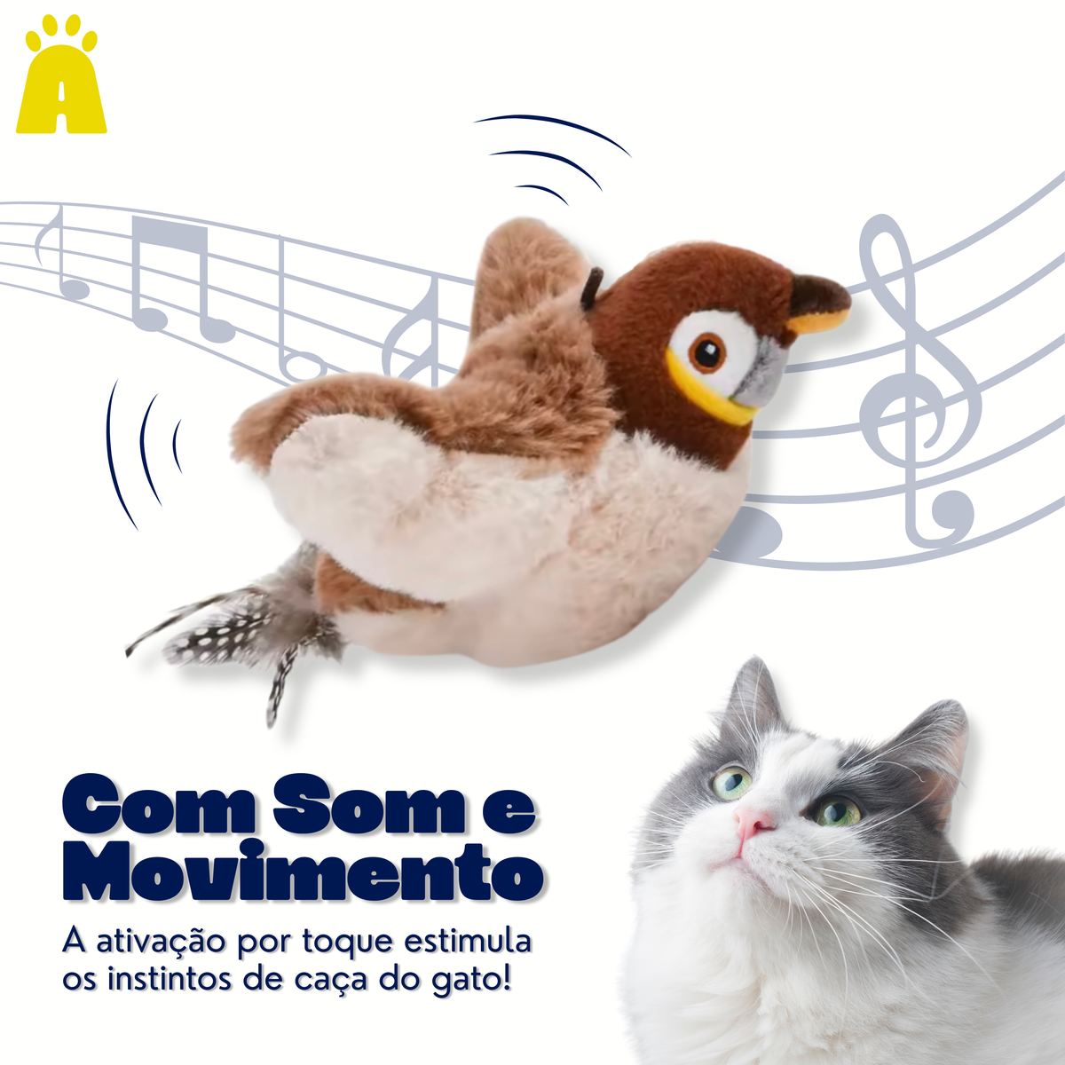 Brinquedo Interativo para Gatos – Pássaro de Pelúcia com Movimento e Som Ativado por Toque