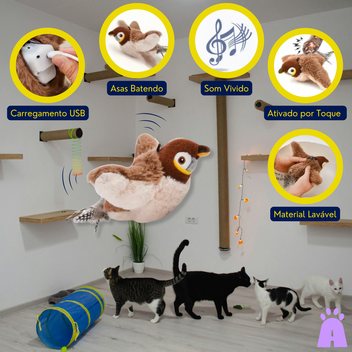 Brinquedo Interativo para Gatos – Pássaro de Pelúcia com Movimento e Som Ativado por Toque