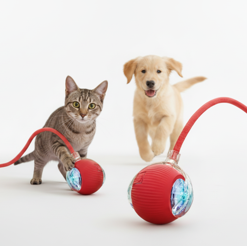 Brinquedo Interativo para Pet – Bola de Rolagem Automática com Cauda e Recarga USB